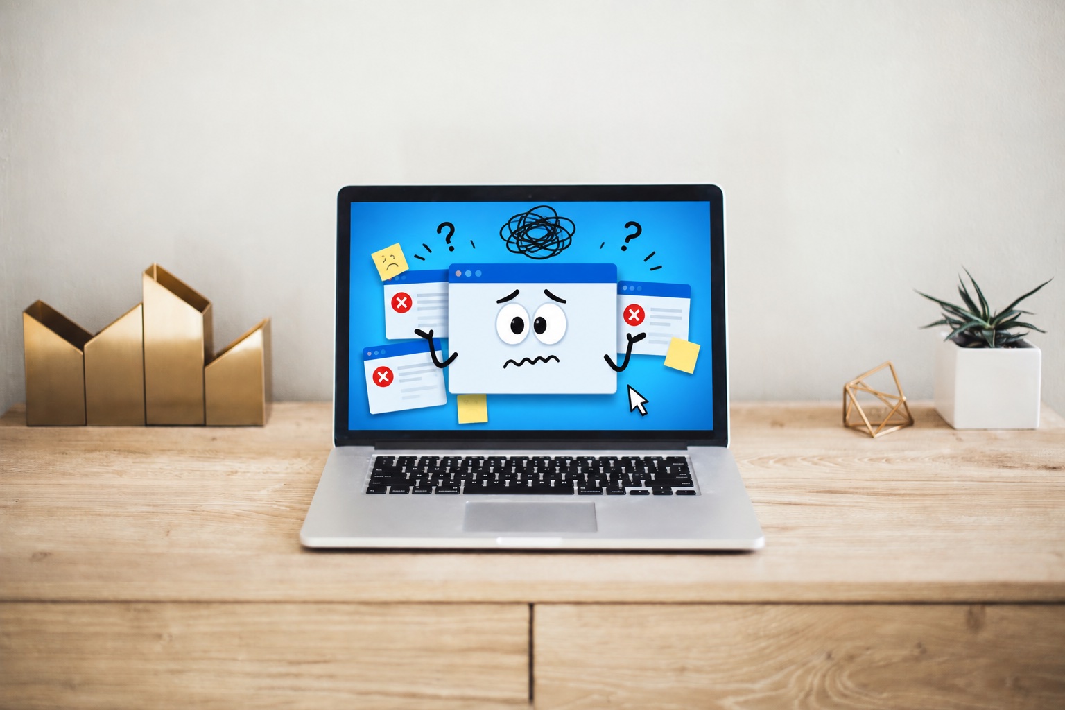 Laptop met foutmeldingen op een rustige werkplek thuis